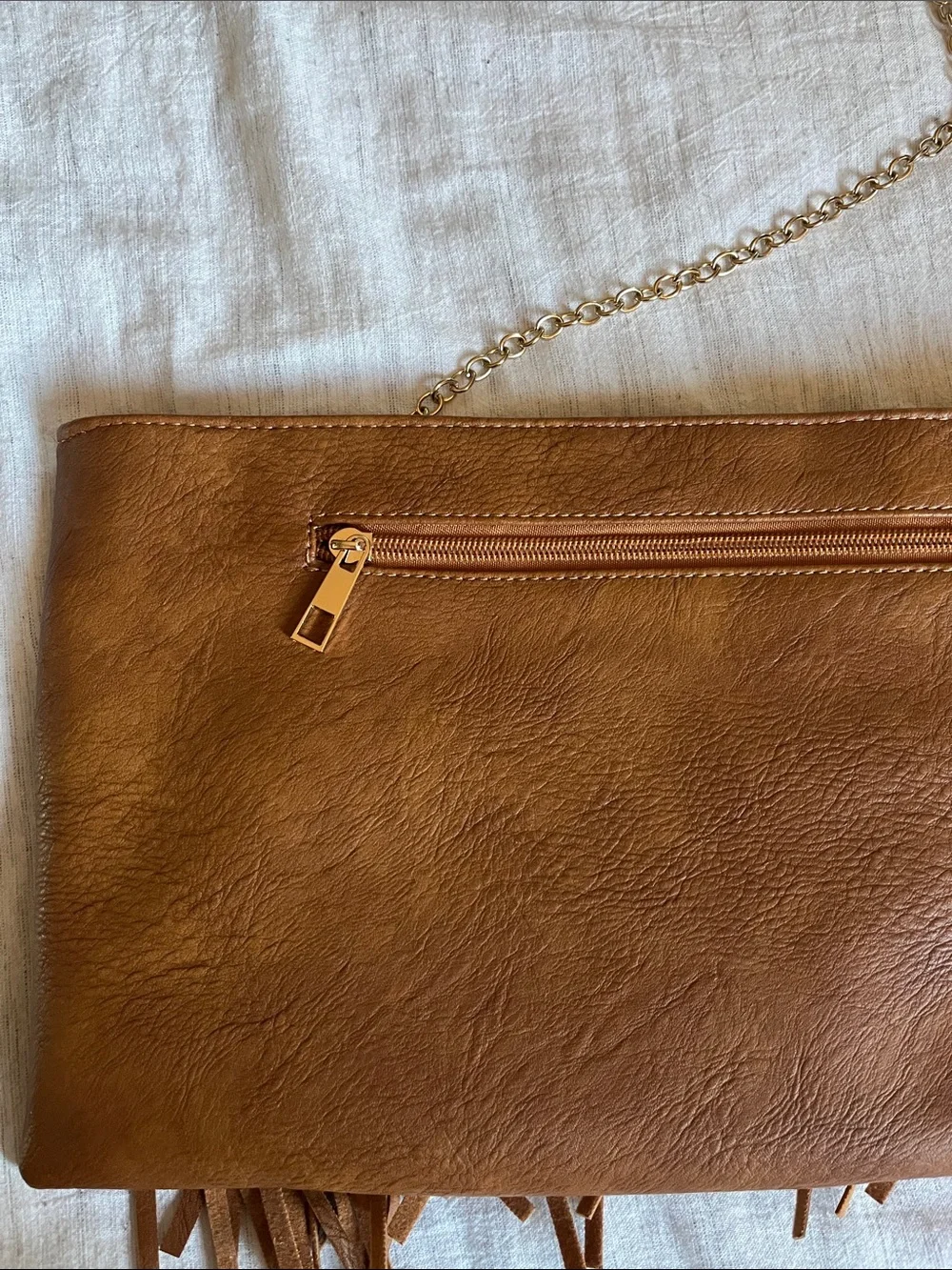 Faux Leather Fringe Crossbody Bag with Embroidered Trim, Like New - Picture 5 of 7